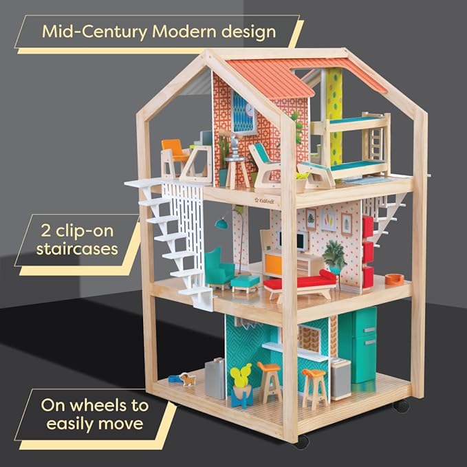 KidKraft So Stylish Mansion Wooden Mid-Century 360-Play Dollhouse with Wheeled Base and 42 Accessories, Gift for Ages 3+