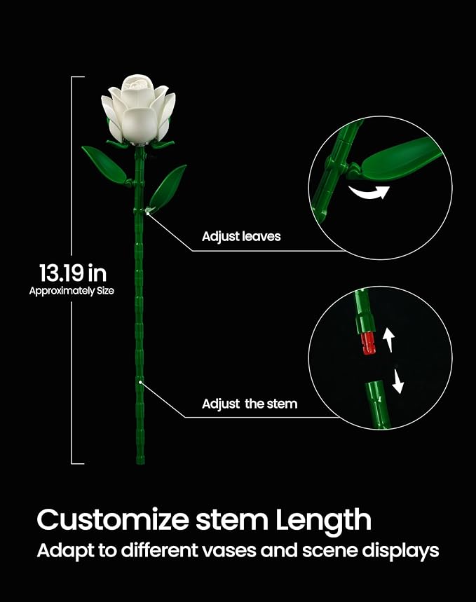 iATOM White Rose Bouquet Building Set, Wedding Artificial Flowers Botanical Collection for Adults Women, Gift for Valentines Day & Christmas - Home Office Table Centerpiece Decor - IA11013