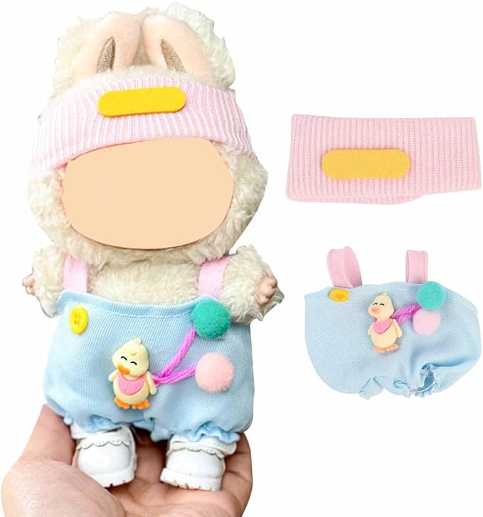 Doll Clothes for Labubu(NO Doll), for 17/15cm Plush Dolls, Clothing Suit Toy Figurine Outfit Set Dress Up with Kawaii Style Accessories, Multicolour Overall and Cute Hat or Headwear (LB89)