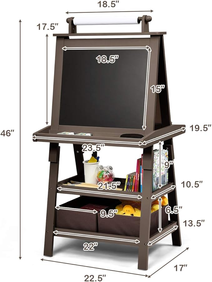 Costzon Kids Art Easel, 3 in 1 Double-Sided Wooden Easel w/Magnetic Whiteboard, Chalkboard & Paper Roll, 2-Tier Rack w/ 2 Storage Boxes, Standing Easel for Kids, Toddlers, Boys, Girls (Coffee)