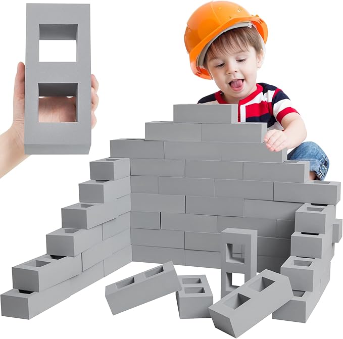 Zhanmai 50 Pack Foam Bricks Building Blocks for Kids Foam Cinder Blocks Large Fake Bricks Toy for Stacking and Construction 8 x 4 x 2.4 Inches(Square)