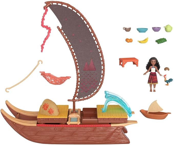 Mattel Disney Moana 2 Toy Playset with Floating Adventure Canoe, Small Doll, 1 Character Friend, 6 Play Areas & 10 Accessories