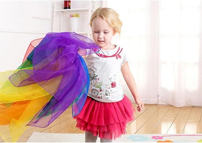 BoAn 12 PCS Dance Juggling Scarves, Silk Square Music Magic Movement Scarves, Children Movement Music Scarf, Colorful Scarves for Kids Play- 12 Colors, 24 by 24 Inches