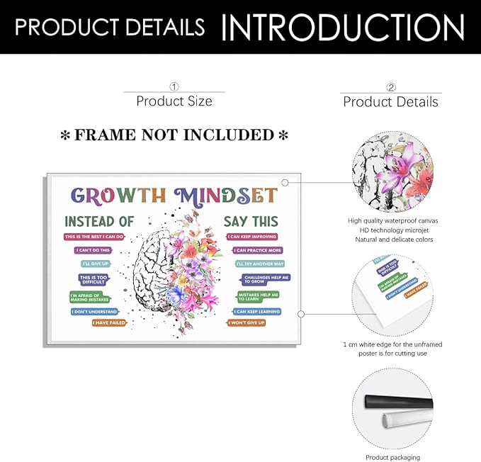 CEHNSENHUI Classroom Growth Mindset Affirmations for Kids Mental Health Posters Brain Poster Psychology Special Education Calm Corner Wall Art Office Therapy Canvas Wall Decor 16x24in Unframed