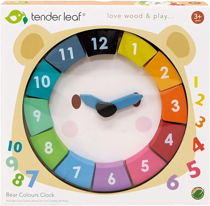 Tender Leaf Toys - 12 Pcs Bear Colors Clock, Early Learning Time, Educational Learning Clock Toy - Wooden Clock, Lovely Shapes - Cognitive Toy for Kids