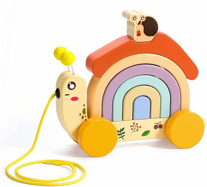 Wooden Snail Pull Along Toy, Walking Along Pull Toys for Toddlers, Wood Snail Rainbow Stacker with Wheel, Birthday Gift to Developing Hand-Eye Coordination, Grasping, Motor Skill
