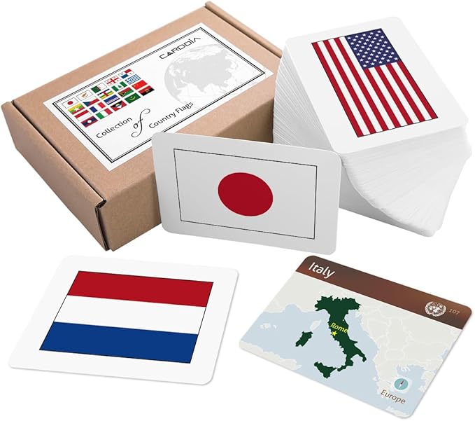 CARDDIA | Collection of Country Flags Educational Flashcards | 242 Flags with Country Names, Territory Shapes, Capitals & Continents | Durable & Portable | Perfect for Geography Gifts