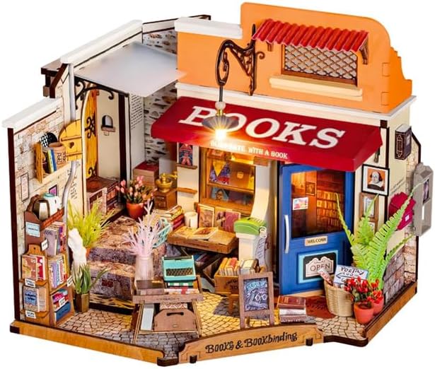 ROBOTIME DIY Miniature House Kit Mini Corner Bookstore Tiny House Making Kit with LED Wooden Craft Diorama Kit Decorative Hobby Unique Gift