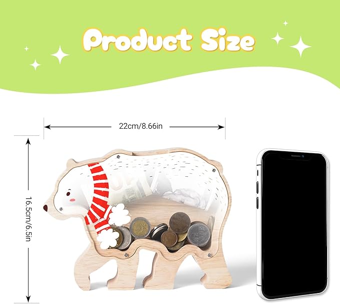Wooden Christmas Piggy Bank for Kids, Adorable Bear Piggy Bank with Acrylic Panels, Unbreakable Toddler Money Box for Boys Girls, Cute Christmas Saving Coin Jar for Birthday, Decor