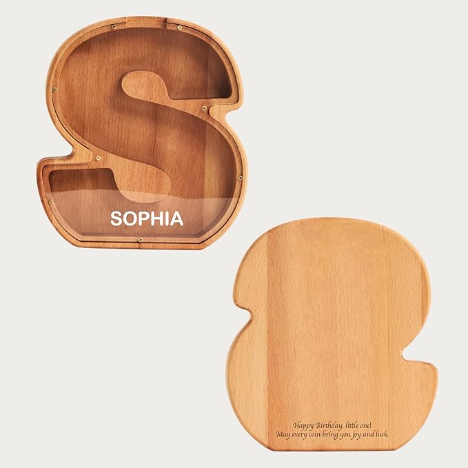 Personalized Wooden Piggy Bank – Custom Letter S Coin Bank in Beech Wood with Clear Acrylic Front, Engraved Name Option, Money Saving Box for Kids and Adults