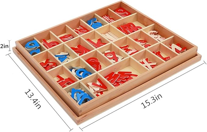 JE JOUE Montessori Letter Work Learning Materials Wooden Small moveable Alphabet Language Objects with Box (Red & Blue)
