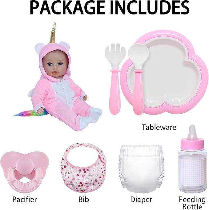 SCOM Soft Baby Doll Girl - 16 Inch Realistic Reborn Baby, Lifelike Real Cute Doll with Accessories, Toddler Girl with Vinyl Body & Unicorn Clothes for Kids 3 4 5 6 + Year Old Gifts