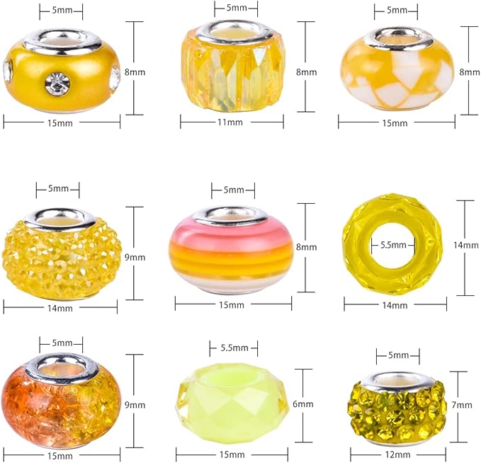 Aipridy Assortment European Large Hole Beads Spacer Beads Rhinestone Craft Beads for DIY Charms Bracelet Jewelry Making (Green-Orange-Lemon)