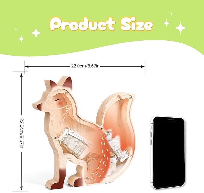 Wooden Fox Piggy Banks for Kids, Adorable Fox Piggy Bank with Acrylic Panels, Unbreakable Toddler Money Box for Girls Adults Boys, Cute Saving Coin Jar for Birthday Décor