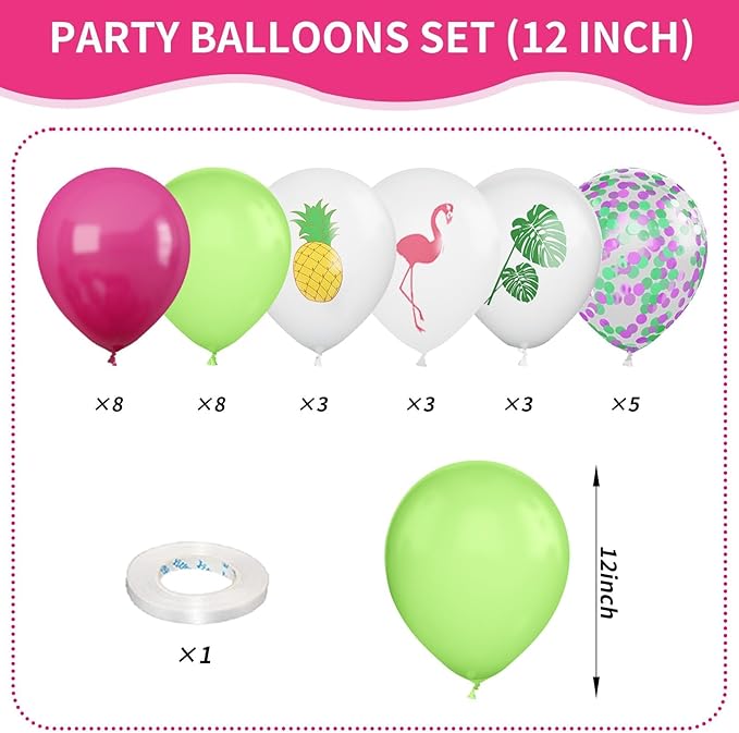 Tropical Balloons, 12 Inch Hot Pink Green White Balloon Leaves Flamingo Pineapple Printed Balloons for Summer Beach Hawaiian Luau Tropical Birthday Baby Shower Party Decorations