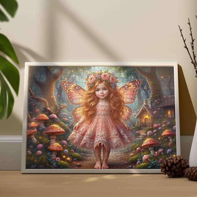 Tucocoo Forest Fairy Puzzles for Adults 1000 Piece, Fairy Girl in Pink Dress – Fantasy Jigsaw with Mushrooms and Cottage, Whimsical Woodland Scene Puzzle Gift for Women and Teens, Challenging Puzzles