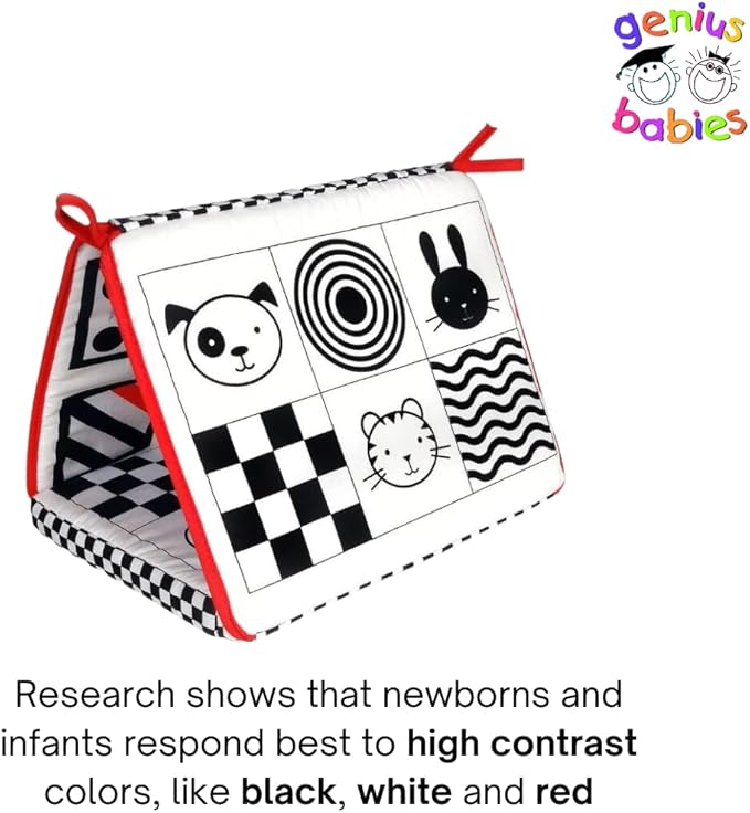 Genius Baby Toys Tummy Time Mirror for Babies 0-6 Months - Double-Sided with High Contrast Images - Baby Floor Mirror Can Be Used in Crib - No Hard Edges - Black White and Red