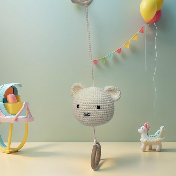 Baby Hanging Musical Box Toys, Soothing Musical Pulldown Toy with Wooden Teether, Crochet Musical Bear Head Toys for Newborn Infant Baby Toys for 0, 3, 6, 9, 12 Months