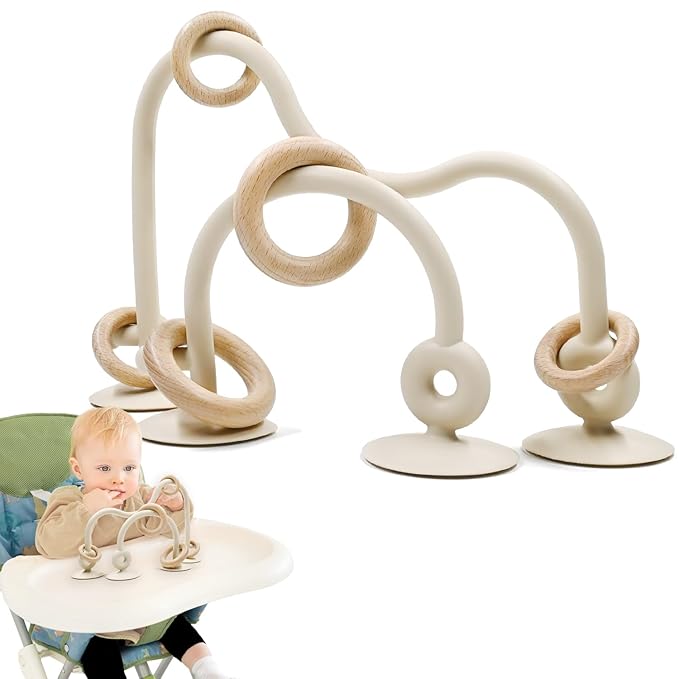 Baby Sensory High Chair Suction Toys for Infant Toddlers 6 12 18 24 Months, Food Grade Silicone String with Oak Loop Montessori Educational Baby Bath Toy Gifts (Beige)