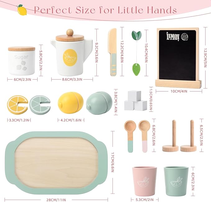 Lemonade Stand for Kids Tea Set Pretend Play Toys Tea Party Set Lemonade Stand Supplies No Assembly Required Non-Toxic Wooden Toys Tea Sets for Toddlers 3-5 Birthday Gift