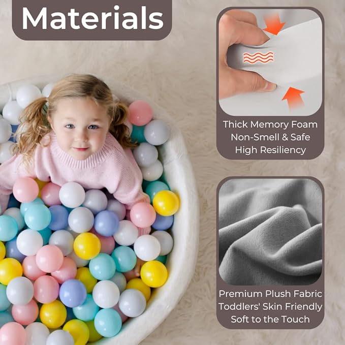 Wonder Space 47" Premium Kids Foam Ball Pit, CPSIA-Certified Safe Soft Play Pool for Toddlers, Large Spacious Round Design for 2-3 Kids, Ideal Gift for Indoor Nursery (Grey)