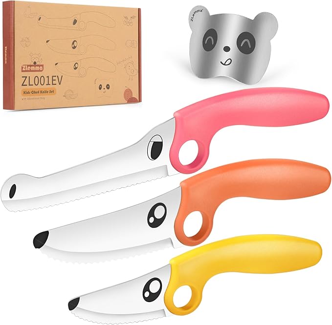 Kids Knife Set for Real Cooking with Educational Ring & Panda Finger Guard for Boys & Girls Cutting, Kids Chef Knife Stainless Steel Blade for Kitchen Cutting-Warm-toned