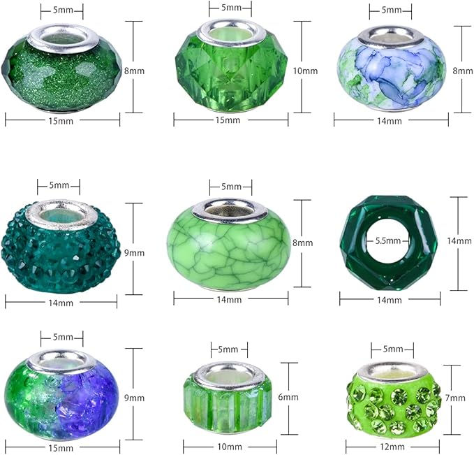 Aipridy Assortment European Large Hole Beads Spacer Beads Rhinestone Craft Beads for DIY Charms Bracelet Jewelry Making (Emerald-Siam)