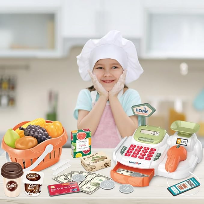 Pretend Play Cash Register Toy with Functional Caculator Cashier Scanner Toy Supermarket with Simulate Food Fruit etc Kids Grocery Store Play Money Food Shop Toy Educational Playset for Kids
