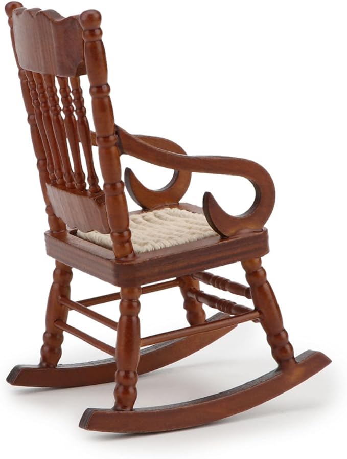 Dollhouse Miniature Rocking Chair 1:12 Scale Wooden Furniture Accessories Tiny Mini House Home Outdoor Cake Topper Decoration Model Living Room Scene Christmas Craft Displays (Brown)