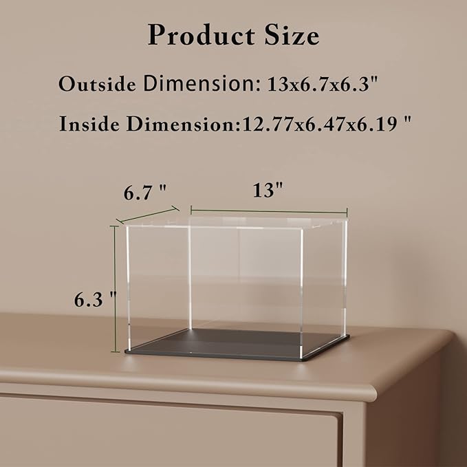 SVENJBB Acrylic Display Case, 13x6.7x6.3 Inch Cube, Clear Acrylic Boxes with Matte Black Base for 1:18 Scale Diecast Model Car