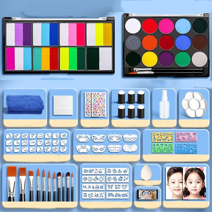 Face Painting Kit for Kids & Adults,18 Color+15 Color Non-toxic Water Activated Face Paint Palette,Halloween Makeup Kit.Ideal for Halloween,Carnival,Cosplay,Party,Arty Stage Makeup.