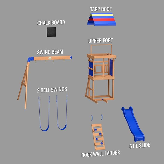 Backyard Discovery Bay Pointe Cedar Wood Swing Set with Wave Slide, Play Deck, Rock Wall Ladder, Belt Swings, Chalkboard, Canopy Roof, Outdoor Playset