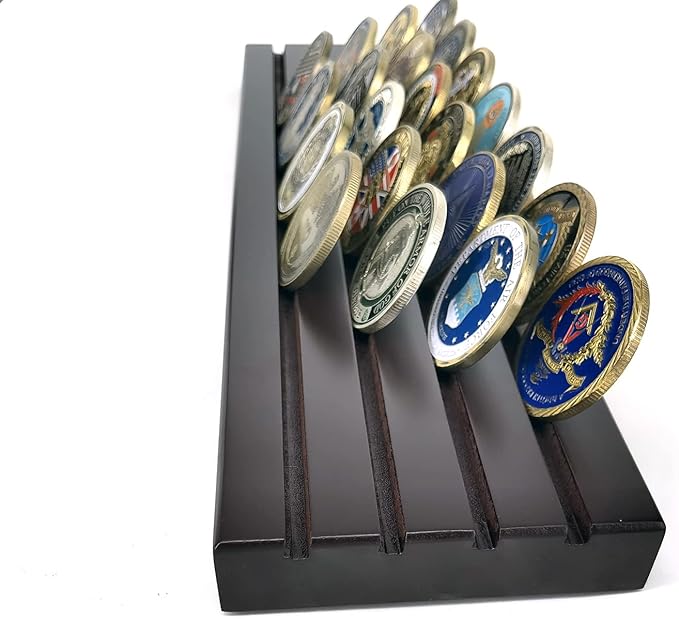 Aomcisi 4 Rows Coin Holder, Military Collectible Challenge Coin Display Holder Stand,Holds 32-36 Coins (Large)