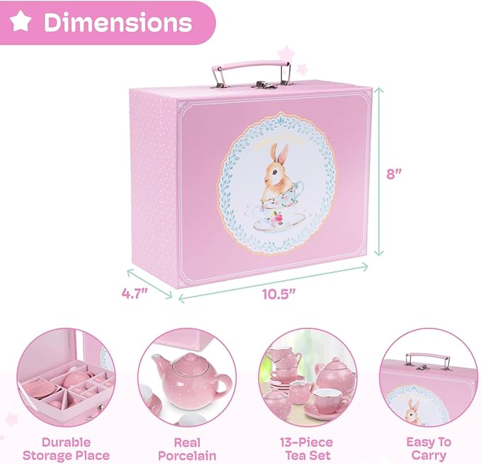 Jewelkeeper Tea Set for Little Girls - 14-Piece Porcelain Tea Party Set for Children Includes Teapot, Cups, Saucers, Creamer, and Sugar Bowl - Pink Polka Dot Design