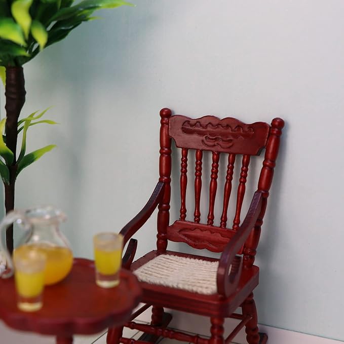 Dollhouse Miniature Rocking Chair 1:12 Scale Wooden Furniture Accessories Tiny Mini House Home Outdoor Cake Topper Decoration Model Living Room Scene Christmas Craft Displays (Red)