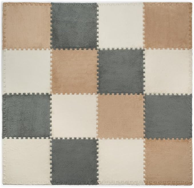 16 Piece Carpet Squares Puzzle Mat 49" x 49" Plush Interlocking Carpet Tiles, Foam Floor Tiles for Baby Play Mat - Kids Soft Play Mats Anti Slip Jigsaw Flooring Playmat Playroom Rug (Brown,Gray,White)