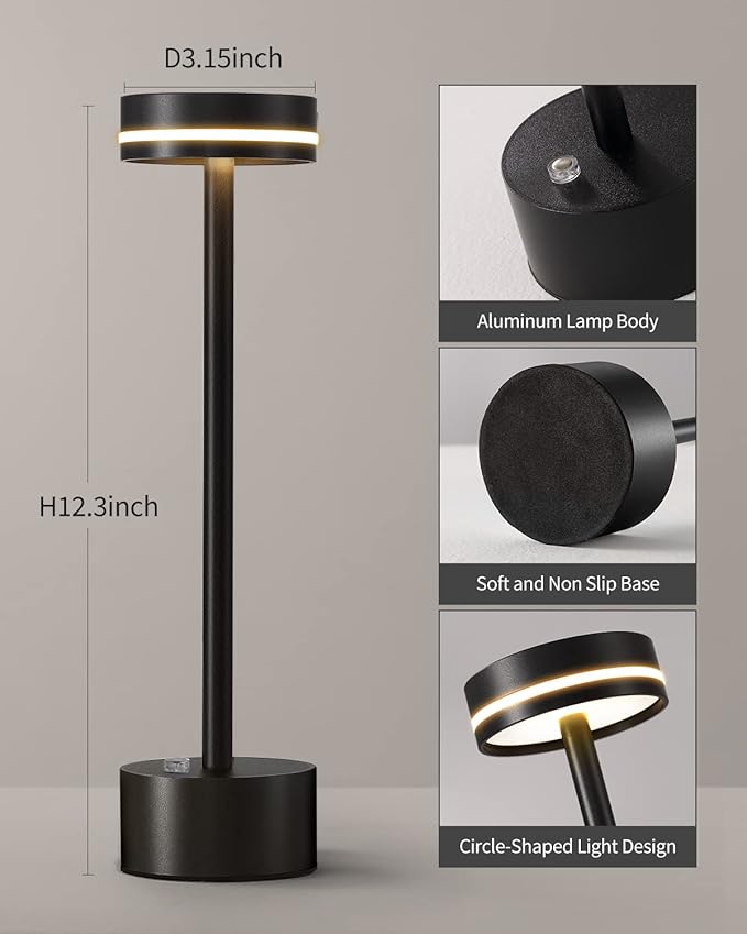 PUSU Portable Table Lamp Battery Powered LED Lamp Cordless Table Lights 3-Level Brightness Touch Control,for Home Office Bedroom Hotel Room Restaurant Outdoor(Black)