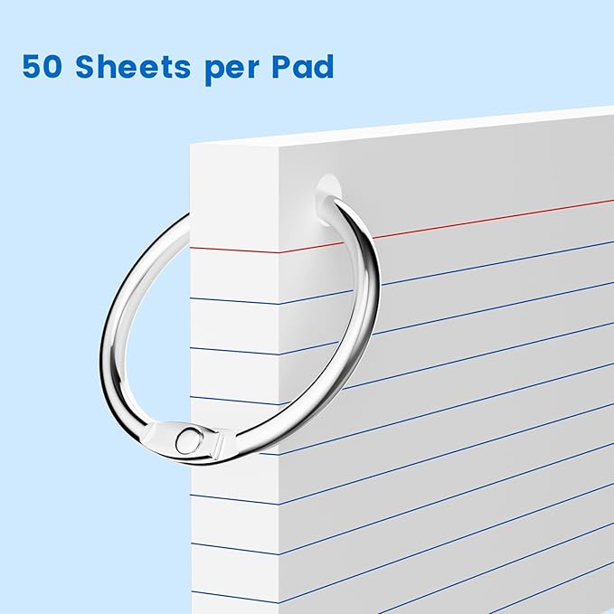 250 Count White Index Cards 3x5 Inch with Key Ring, 180gsm Heavyweight Flash Card (50 Sheets Each), Durable & Portable Note Taking for Students, Teachers, Study Note Cards for Office Home School