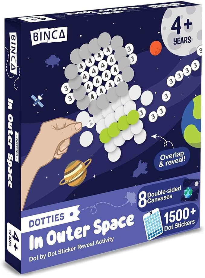BINCA Dotties Dot Art Activity Kit - Space, 1500+ Stickers, Mess-Free Activities, DIY Dot Sticker Art for Toddlers, Kids Travel Activities, Craft Kits & Gifts for Boys & Girls Ages 4,5,6,7