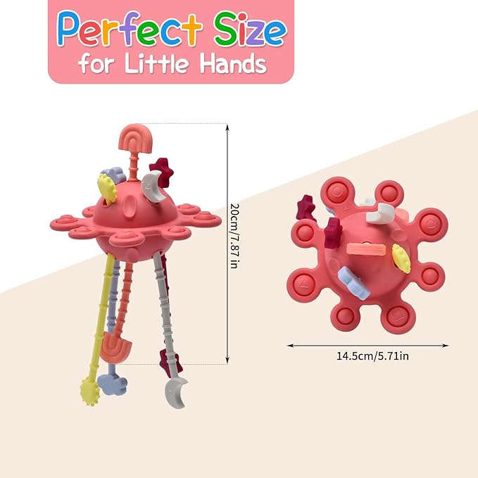 Silicone Baby Sensory Montessori Toys & Pull String Teething Toys for 6-12-18 Months, Toddler Birthday Gift Car Seat Airplane Travel Toy for 1 2 Year Old Boy Girl Infant 8 9 10 Months Old (Red)