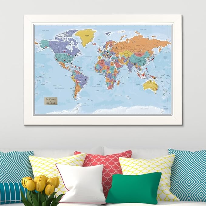 Push Pin Travel Maps - Customizable Blue Oceans World with Textured White Frame- 27.5" x 39.5" - 8 Handcrafted Frame Options - Made in USA - Ideal for Adventurous Travelers