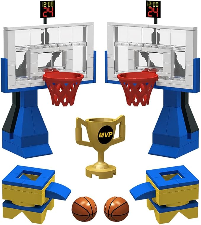 Building Blocks - Basketball Court Baseplates and Sets of 2 Basketball Hoop Basketball Goal Building Bricks for Basketball Game - Compatible with Major Brands (Basketball Playset/Blue)