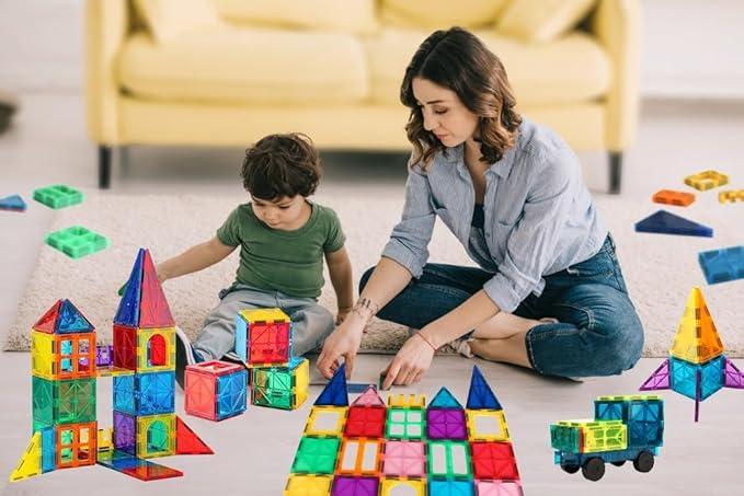 Ziggzo Magnetic Tiles for Kids Ages 4-8 | 100 Magnet Tiles with Storage Bag and 2 Cars | STEM Building Blocks for Creative Learning