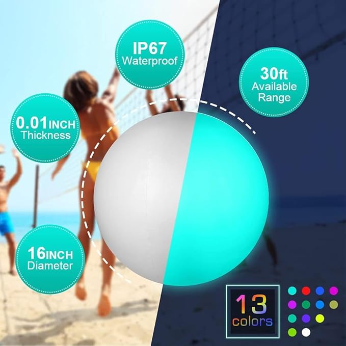 LED Beach Balls Glow in Dark Party Supplies, 2pcs Inflatable Light up Ballon 16'' Floating Pool Light with Remote 16 Color 4 Mode Beach Game Pool Toy Kickball for Neon Party Decoration-4 Lights