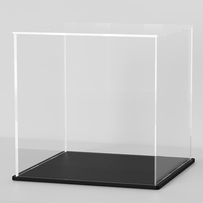 7x7x7 Inch Clear Acrylic Display Case, Rectangle Acrylic Box for Model Car Showcase, Plexiglass Case with Matt Black Stand for Toys