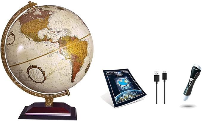 Replogle 12" Diameter Globe, USA Cartography with Raised Mountain Relief and Sturdy Hard Wood Base, Intelliglobe Pen/Book Kit, Bronze, Physical Map, Glass, Wood Base
