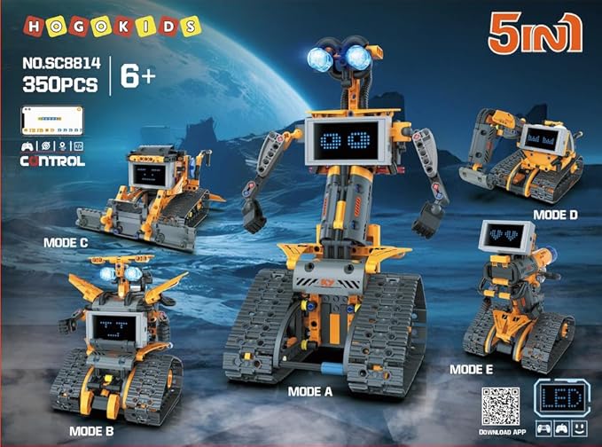 Robot Toys with LED Eyes & 18 Expression Building Toy, 5-in-1 App & Remote Control Rechargeable Robotics Set for Kids, RC Programmable Projects Educational Gift for Boys Girls 8-14 Year Old Teens