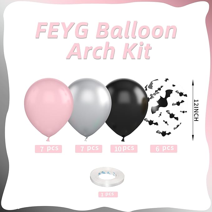 Pink and Black Balloons,12inch Pink Black Silver Halloween Balloons Bat Printed Party Balloons Pastel Pink Black Decoration for Boy Girls Halloween Themed Party Birthdays Holiday Party