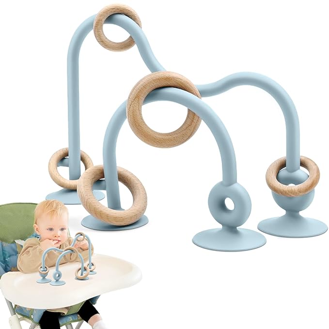 Baby Sensory High Chair Suction Toys for Infant Toddlers 6 12 18 24 Months, Food Grade Silicone String with Oak Loop Montessori Educational Parent-Child Baby Bath Toy (Blue)