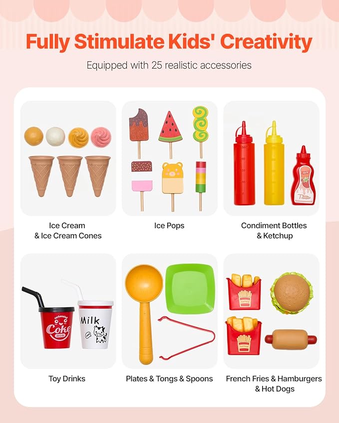 VEVOR Ice Cream Cart for Kids, 20+ PCS Accessories, Pretend Play Ice Cream Shop Kitchen Food Toys with Ice Cream Cone & Popsicle, Awning & Freezer, Storage Drawers & Flipping Menus, for Kids Aged 3-7
